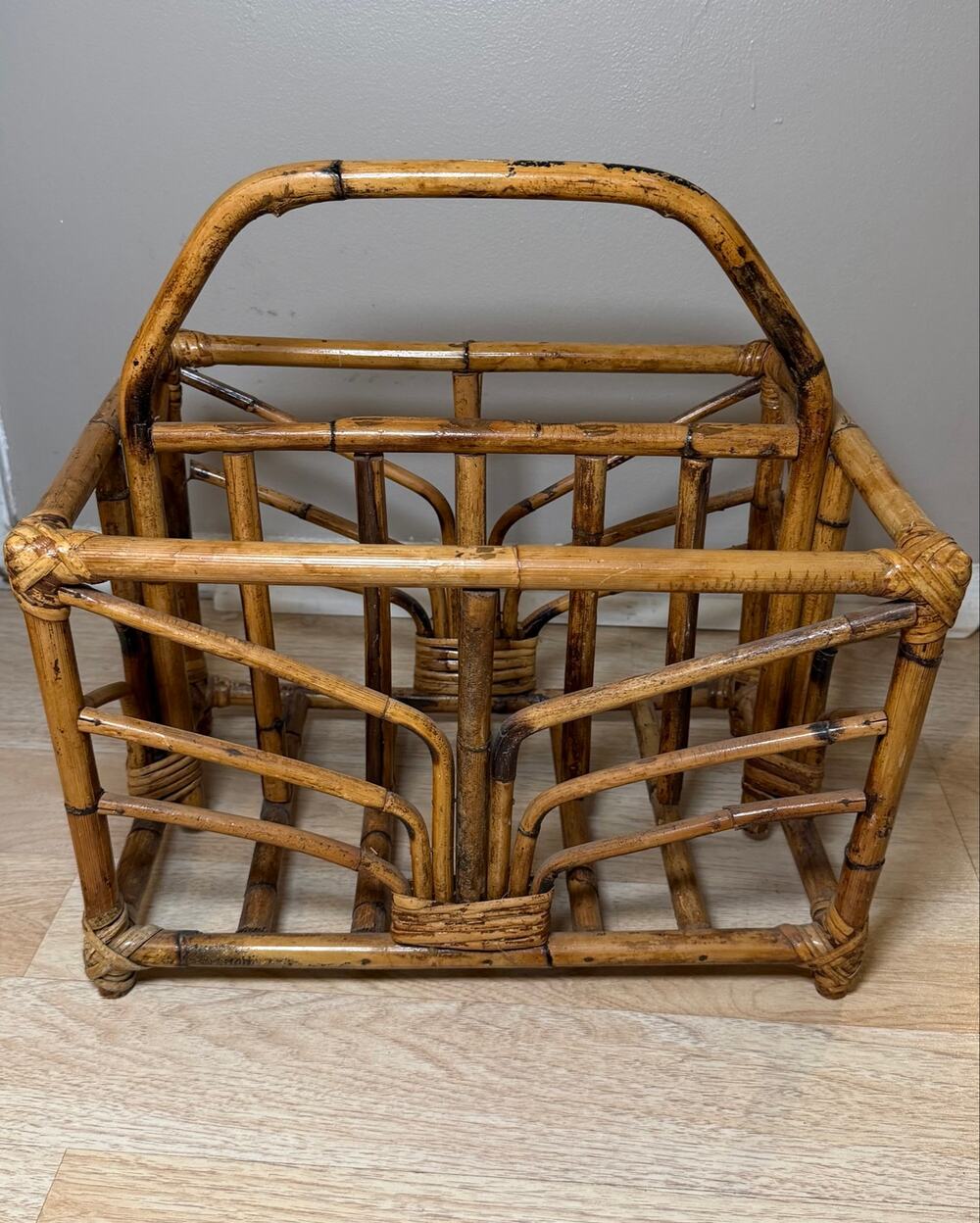Vintage MCM Burnt Bamboo Magazine Rack Twin Compartment Boho Tiki Accent Stand